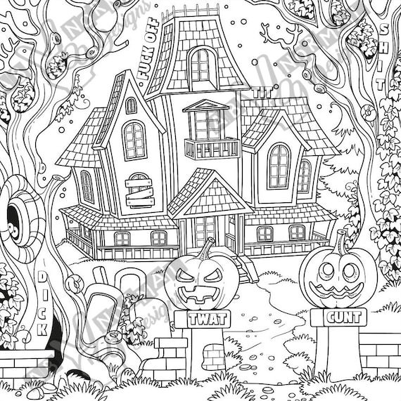 Funny adult haunted house coloring page