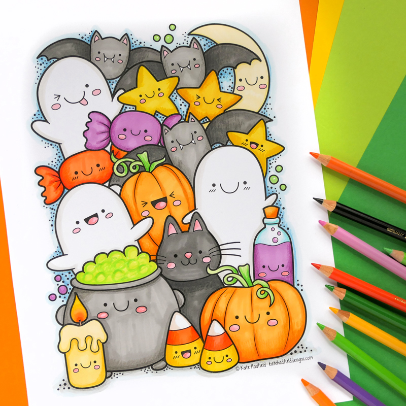 Kawaii halloween colouring page