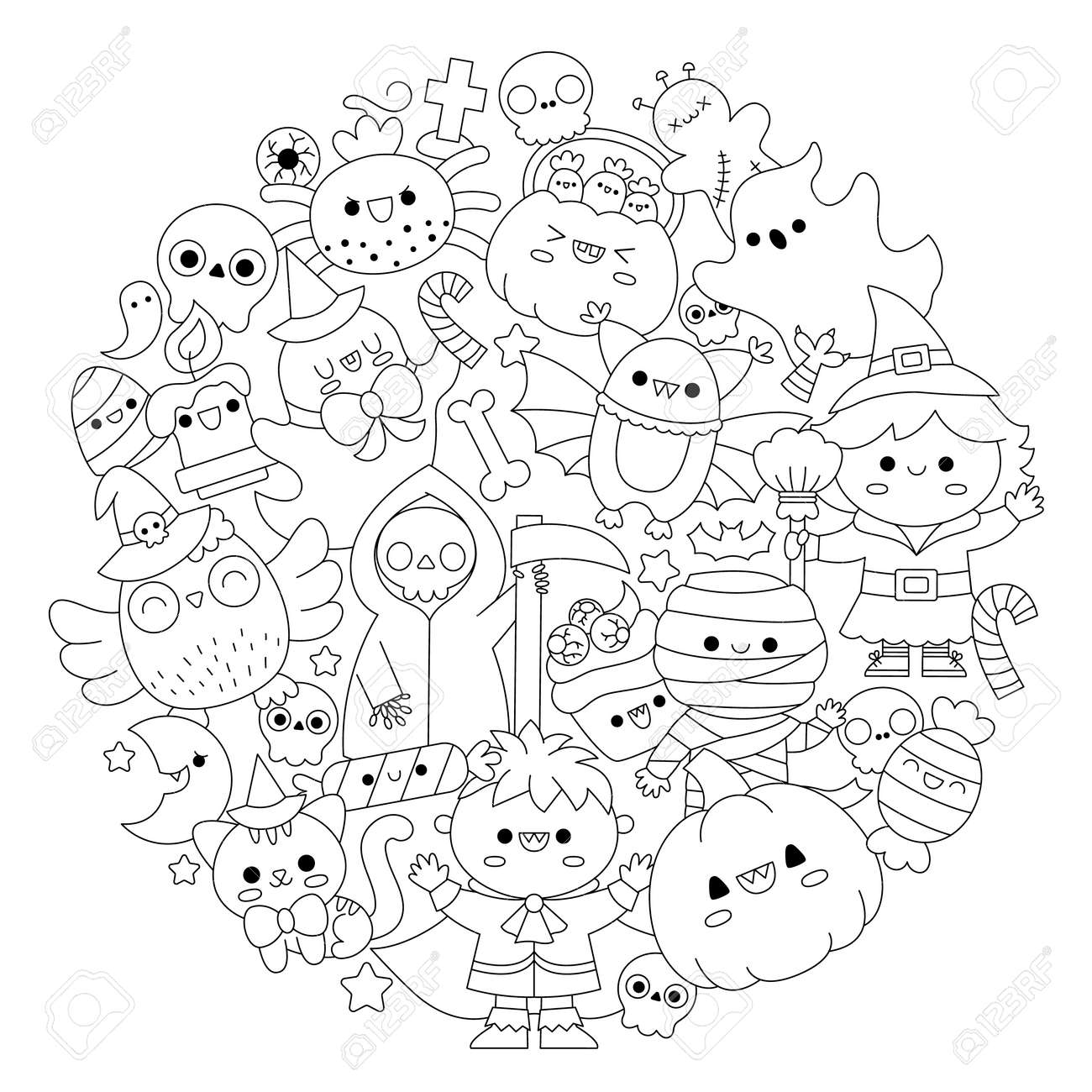 Vector halloween round line coloring page for kids with cute kawaii characters black and white autumn holiday illustration with funny witch vampire ghost pumpkin framed in circle royalty free svg cliparts vectors