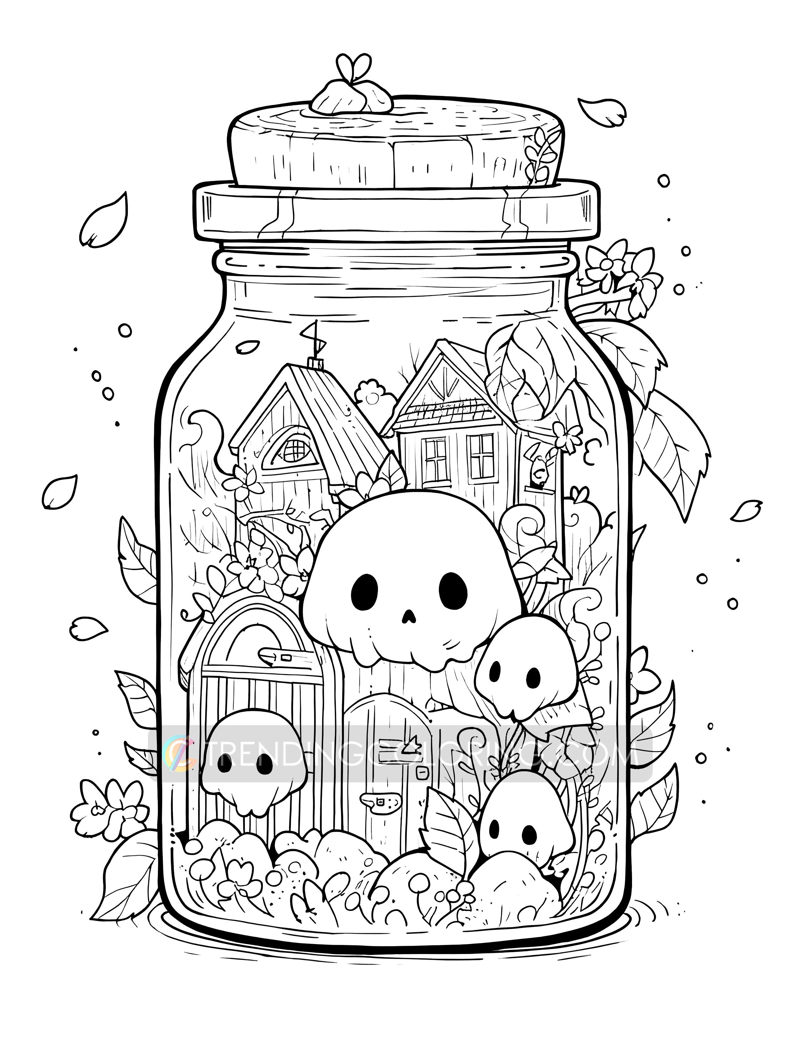 Kawaii halloween in jar coloring pages