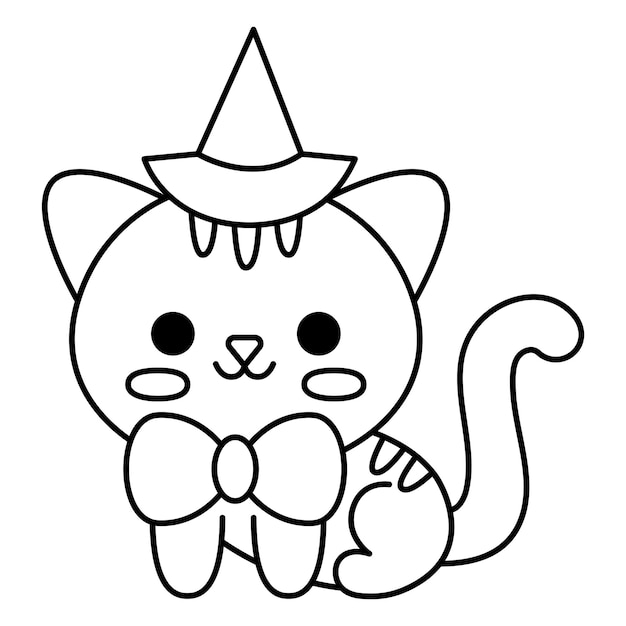 Premium vector vector black and white kawaii sitting black cat with purple bow cute smiling halloween line character for kids funny autumn all saints day cartoon animal samhain party kitten coloring