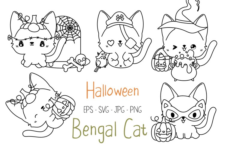 Set halloween bengal cat coloring page