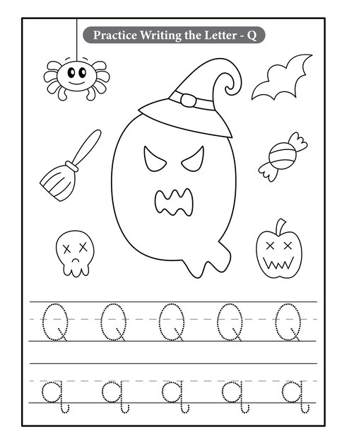 Premium vector halloween alphabet coloring pages with baby ghost