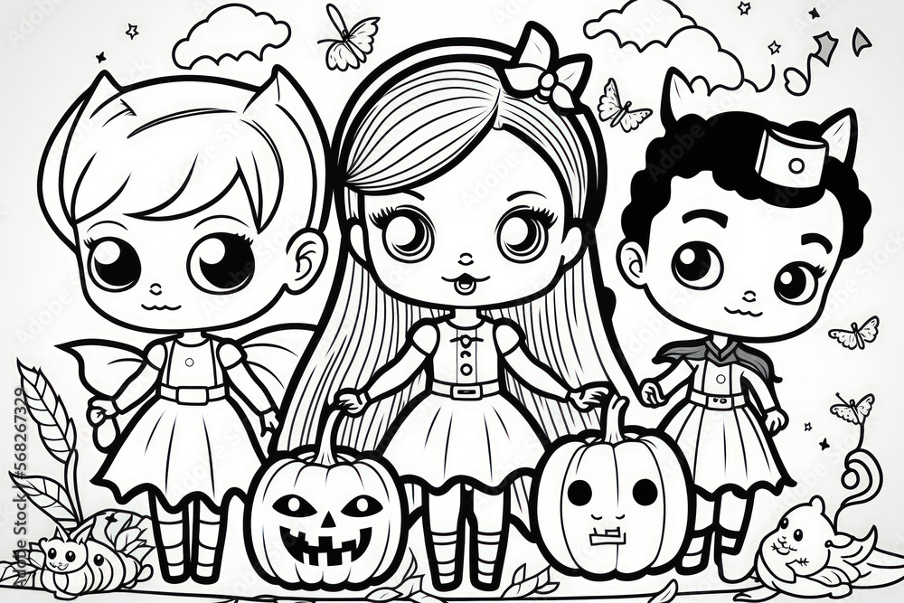 Coloring sheet for trick or treating kids halloween coloring page halloween themed cartoon children sweet kids dracula witch bat zombie mummy and cat generative ai illustration