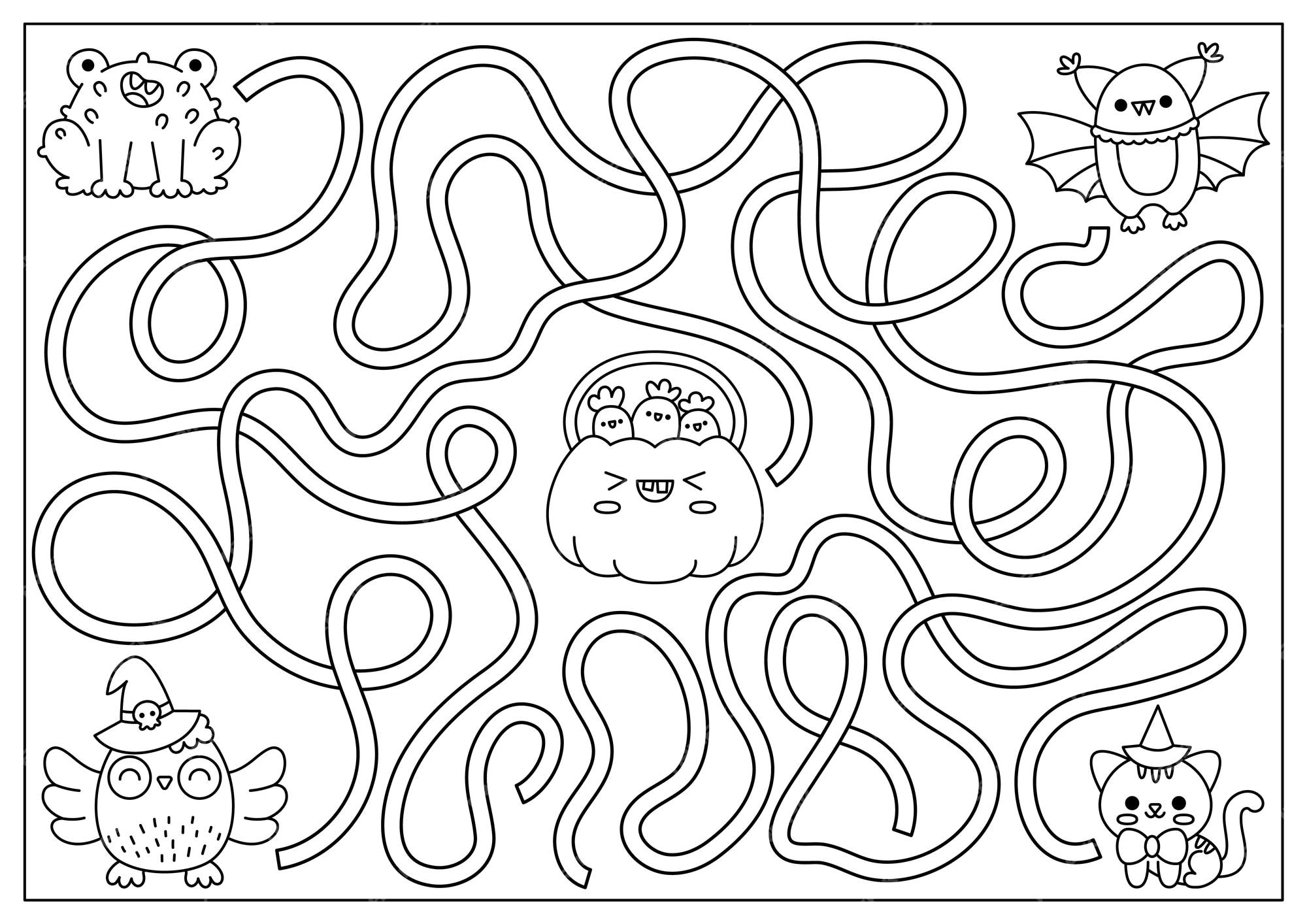 Premium vector halloween black and white maze for kids autumn holiday preschool line printable activity with cute kawaii animals and pumpkin with sweets scary labyrinth game trick or treat coloring page