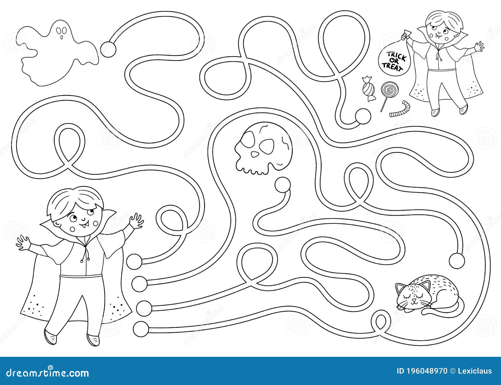 Halloween black and white maze for children autumn preschool printable educational activity stock vector