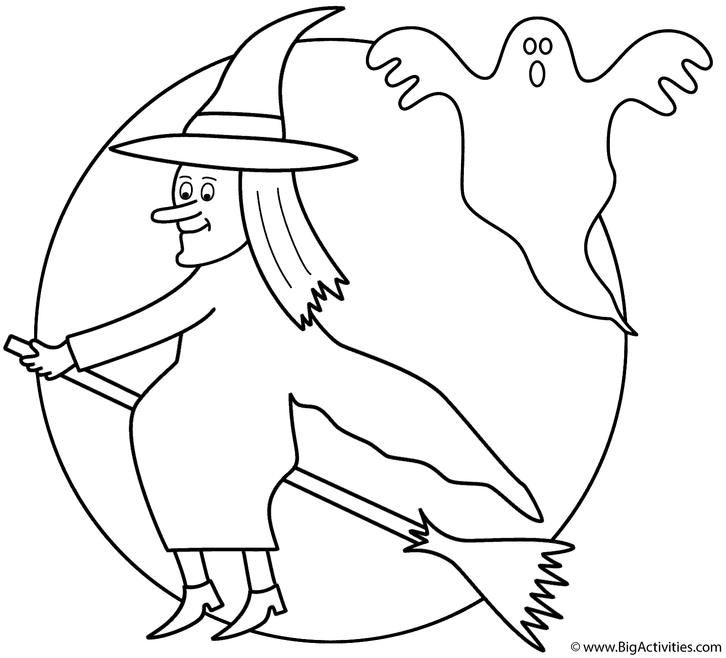 Witch on broom with the moon and ghost