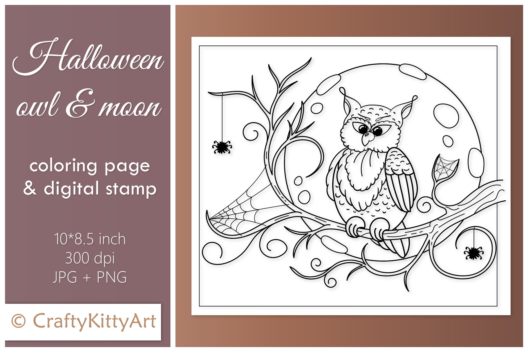 Night owl spiders and full moon halloween coloring page