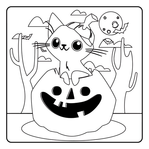 Cat halloween coloring pages kitten halloween printable book pumpkin kitty moon digital download not a physical product