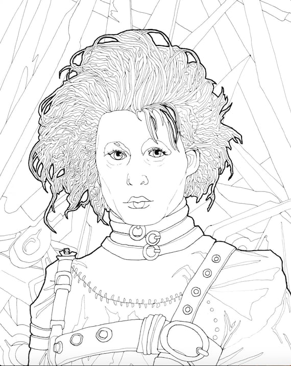 Digital download edward sciscorhands coloring page downloadable halloween coloring for adults tim burton movie printable coloring page