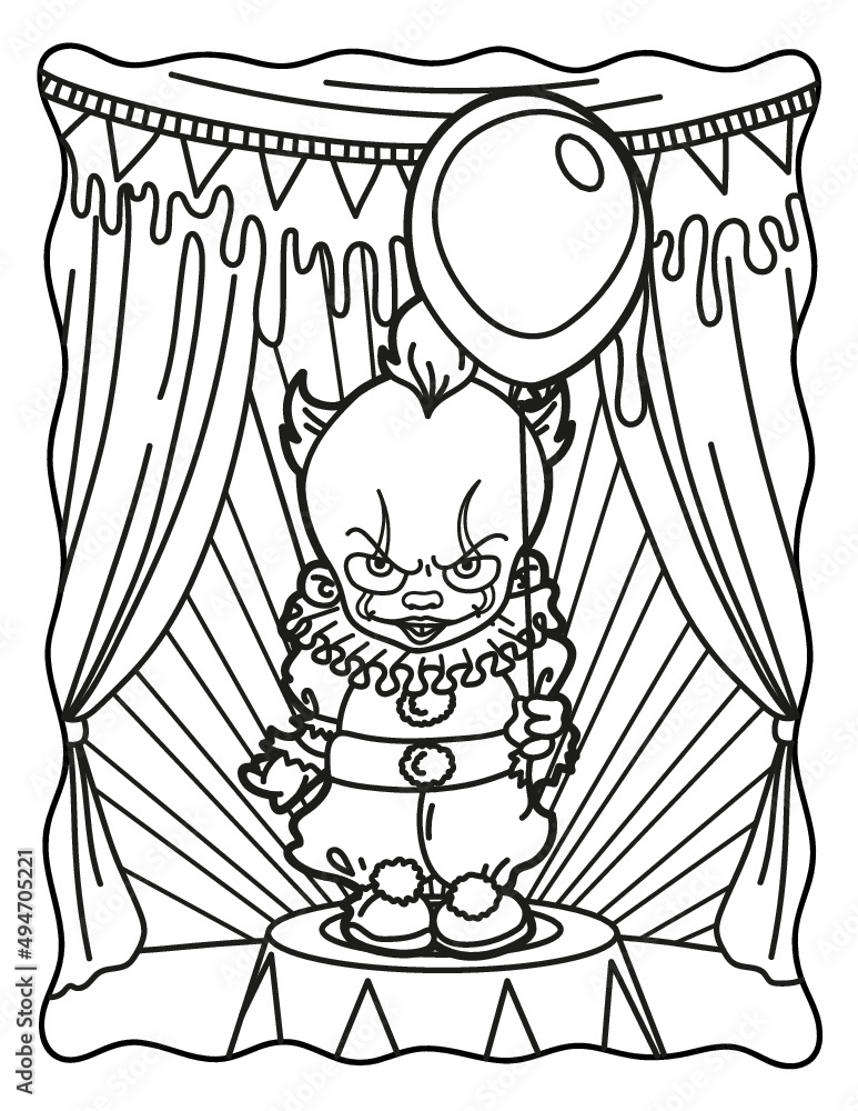 Clown with a balloon in the circus coloring book for children coloring book for adults halloween coloring book for halloween cute horror movies vector