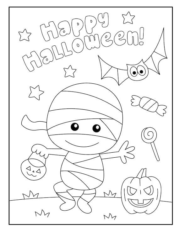 Happy halloween cute children mummy bat pumpkin coloring page