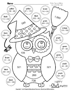 Halloween owl math coloring sheet