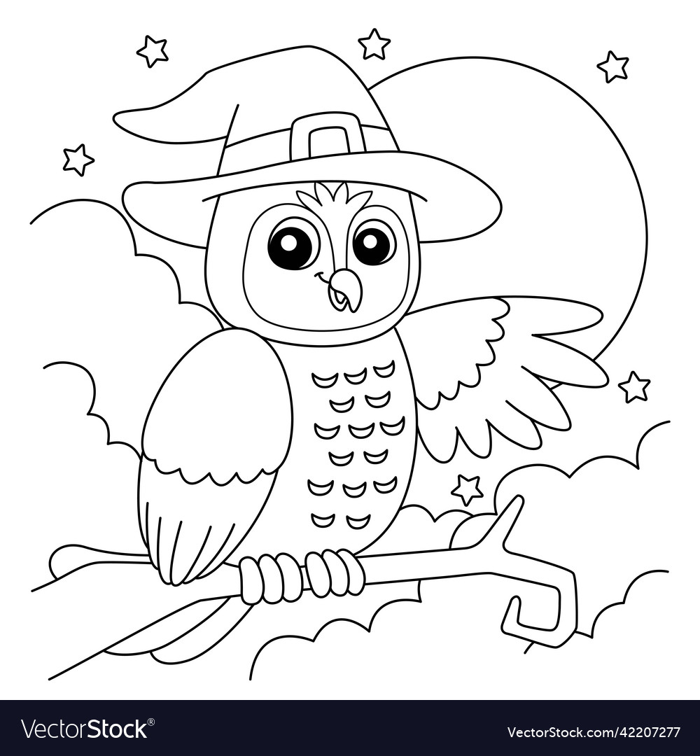 Owl witch hat halloween coloring page for kids vector image