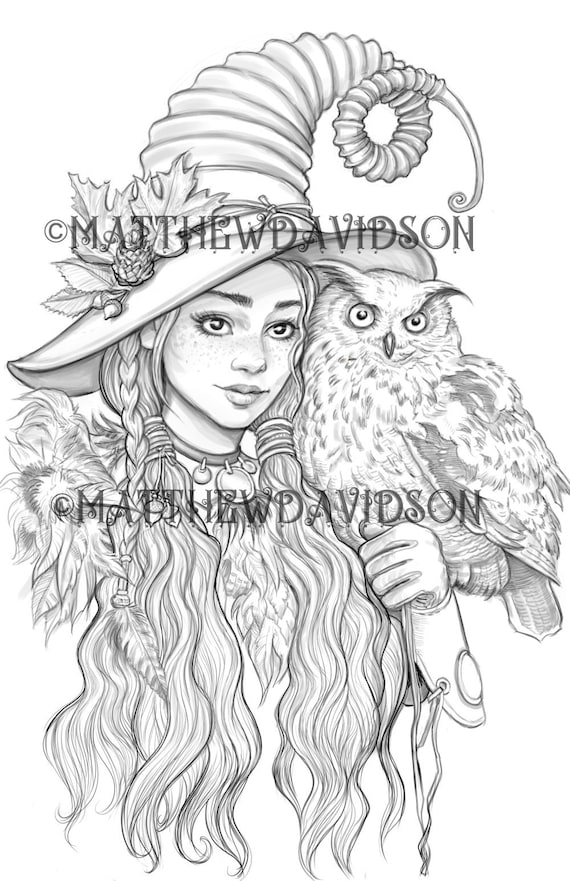 Coloring pages for adults athene the owl witch halloween grayscale colouring for grown ups instant download printable coloring pages