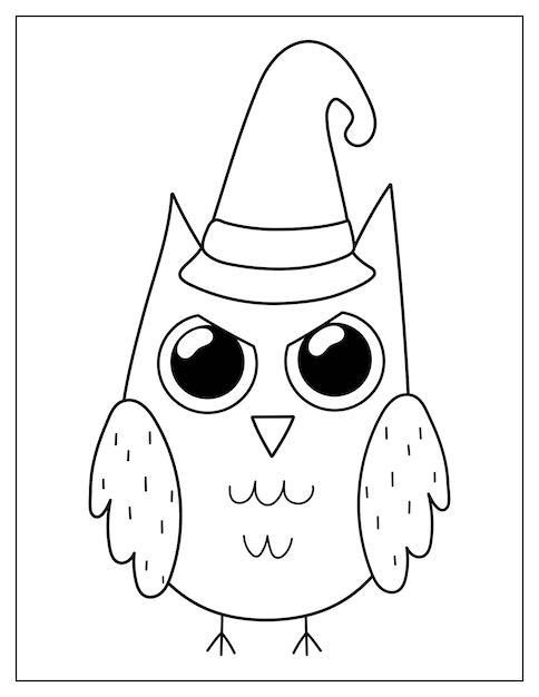 Premium vector spooky owl in a witch hat coloring page for kids halloween print in cartoon style for coloring book