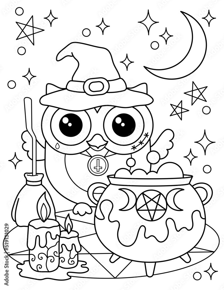 Halloween coloring page owl witch in a hat with a cauldron and a broom nice black and white coloring book vector