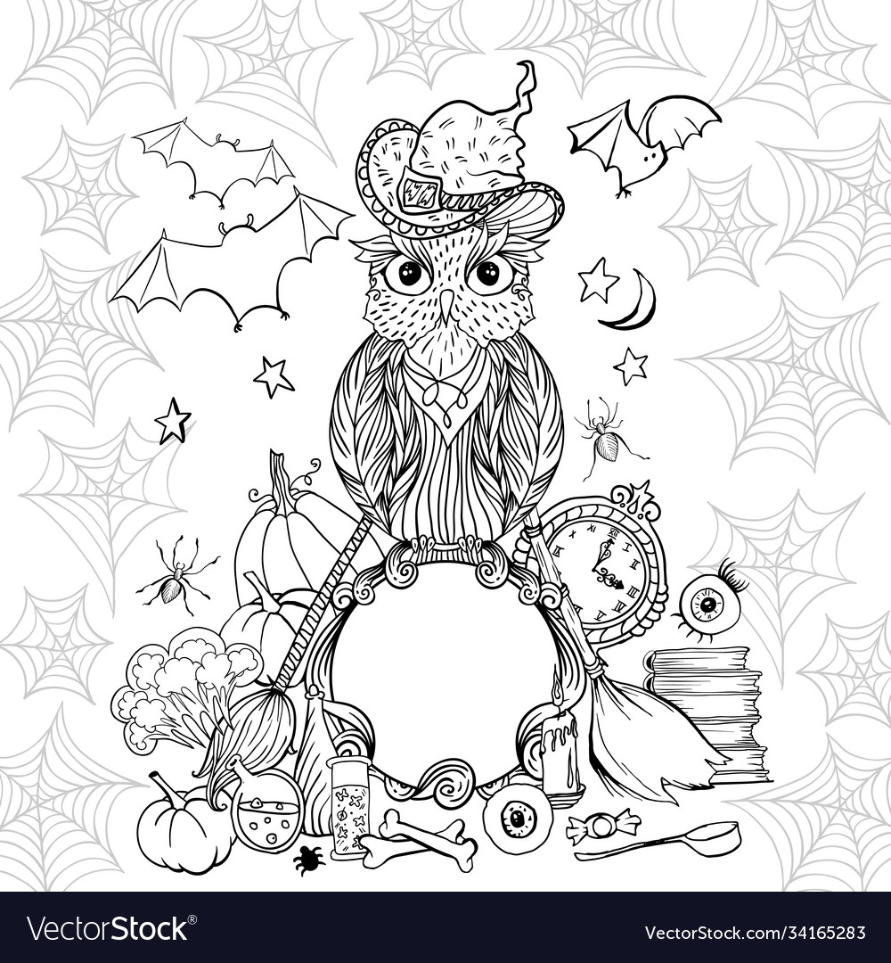 Halloween coloring page with owl in hat witch vector image