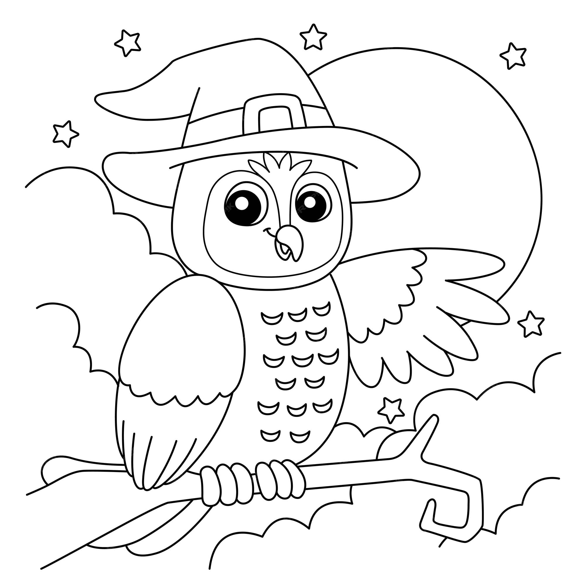 Premium vector owl witch hat halloween coloring page for kids