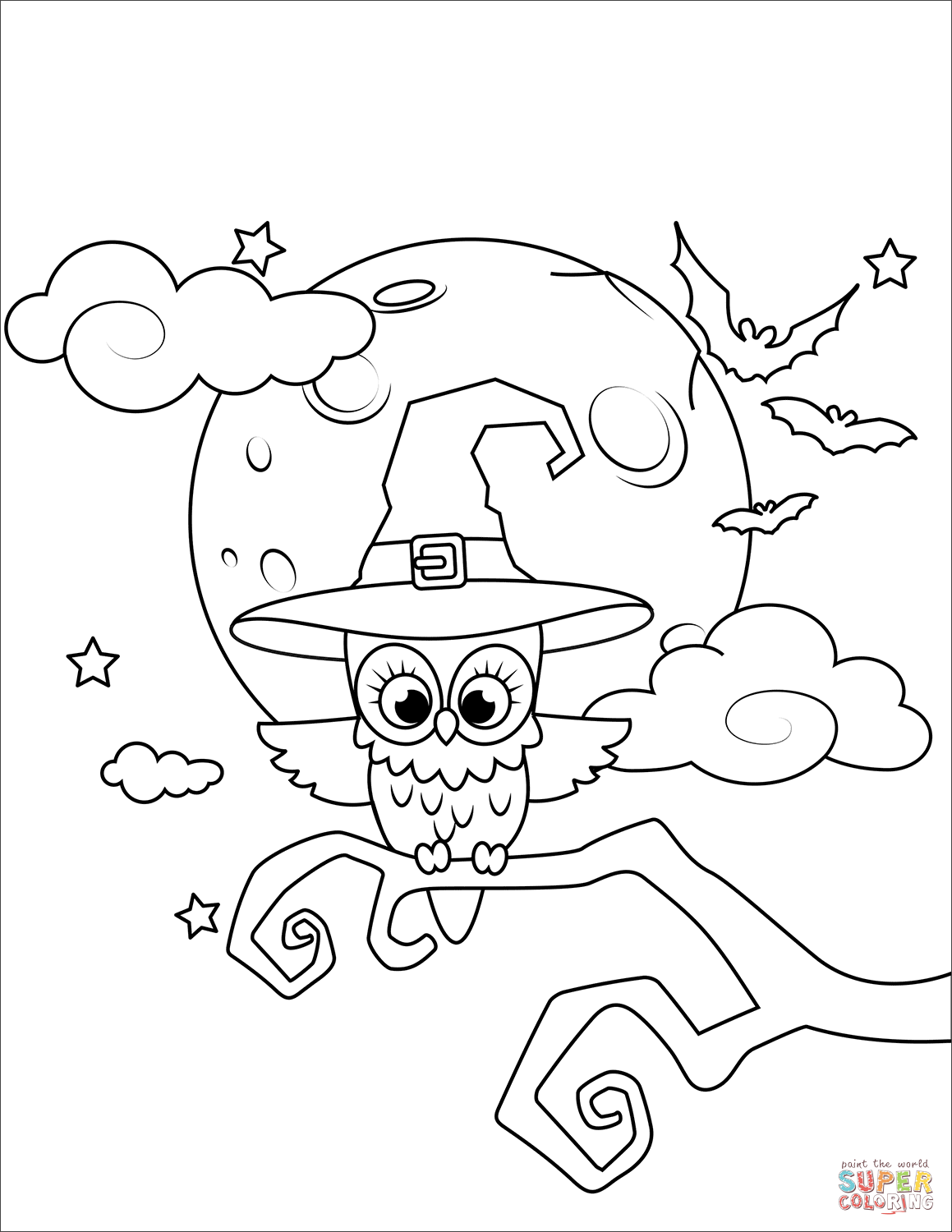 Owl in a witch hat coloring page free printable coloring pages