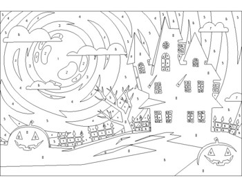 Paint by numbers coloring page with halloween print for kids teens and adults