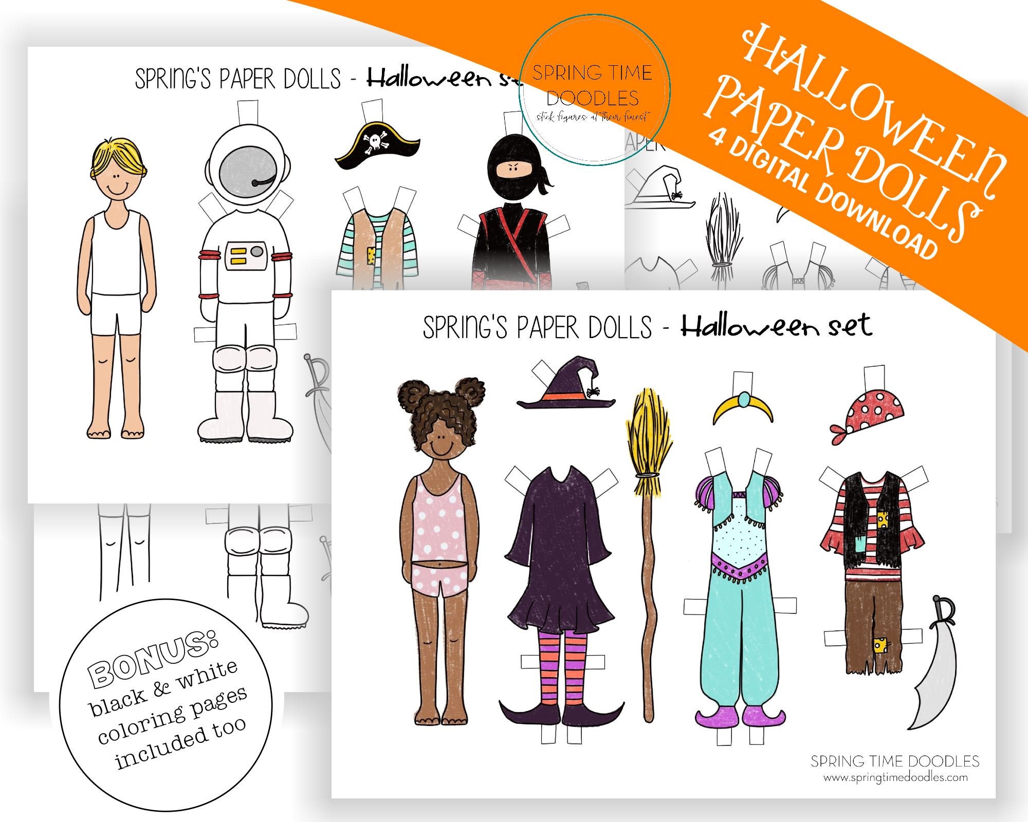 Halloween paper dolls digital download pdf printable coloring pages black and white witch pirate princess astronaut ninja