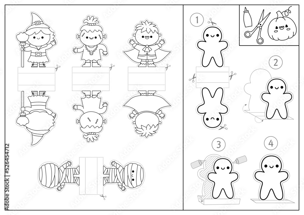 Vector black and white halloween paper dolls set cute finger puppets or chips with witch vampire monster autumn or fall holiday cut out craft cards simple printable game or coloring page