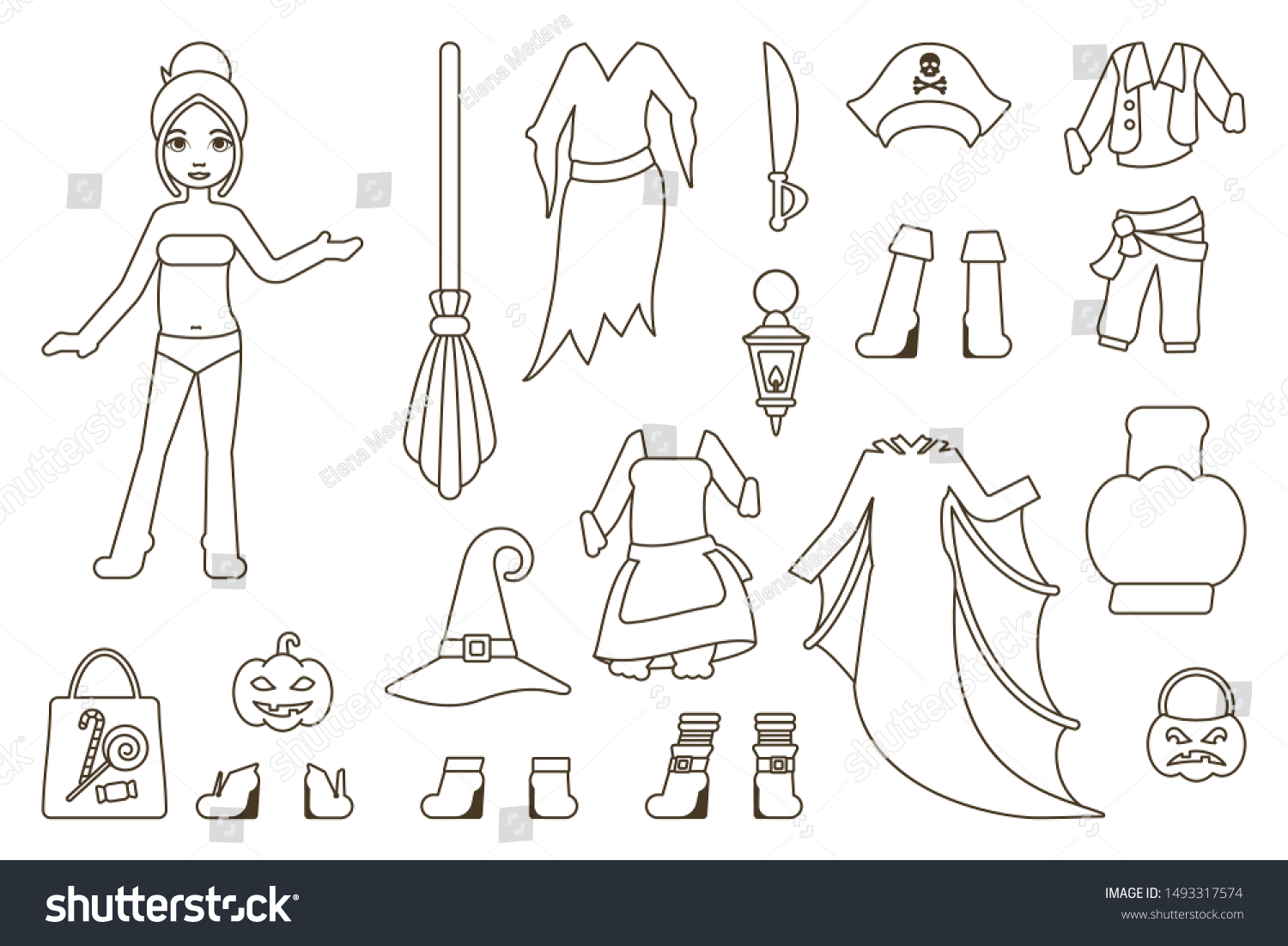 Paper doll halloween party clothes linear stock vector royalty free