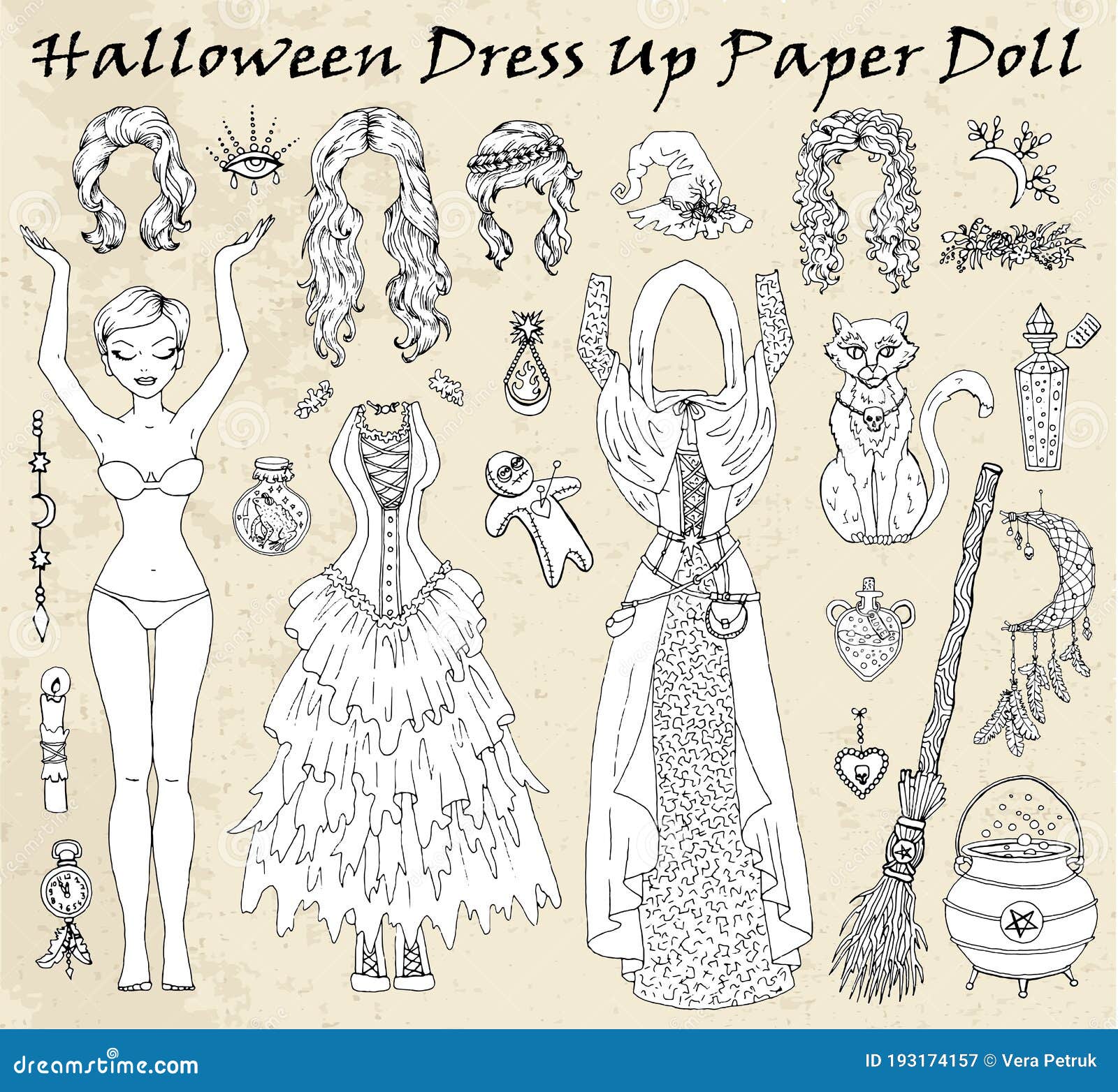 Set of dress up paper doll with halloween witch clothes cat pot magic bottles stock vector