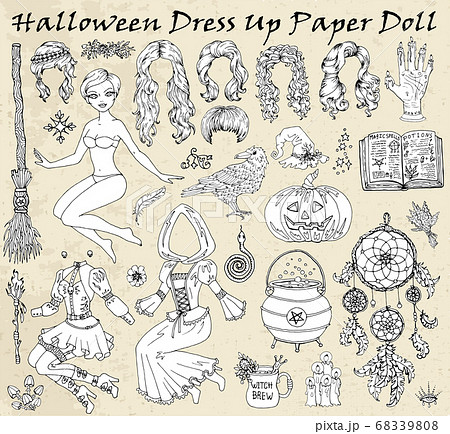 Set of dress up paper doll with halloween witch