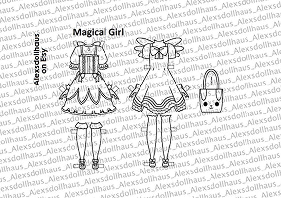 Magical girl halloween anime costume curvy printable paper doll black paper doll coloring pages