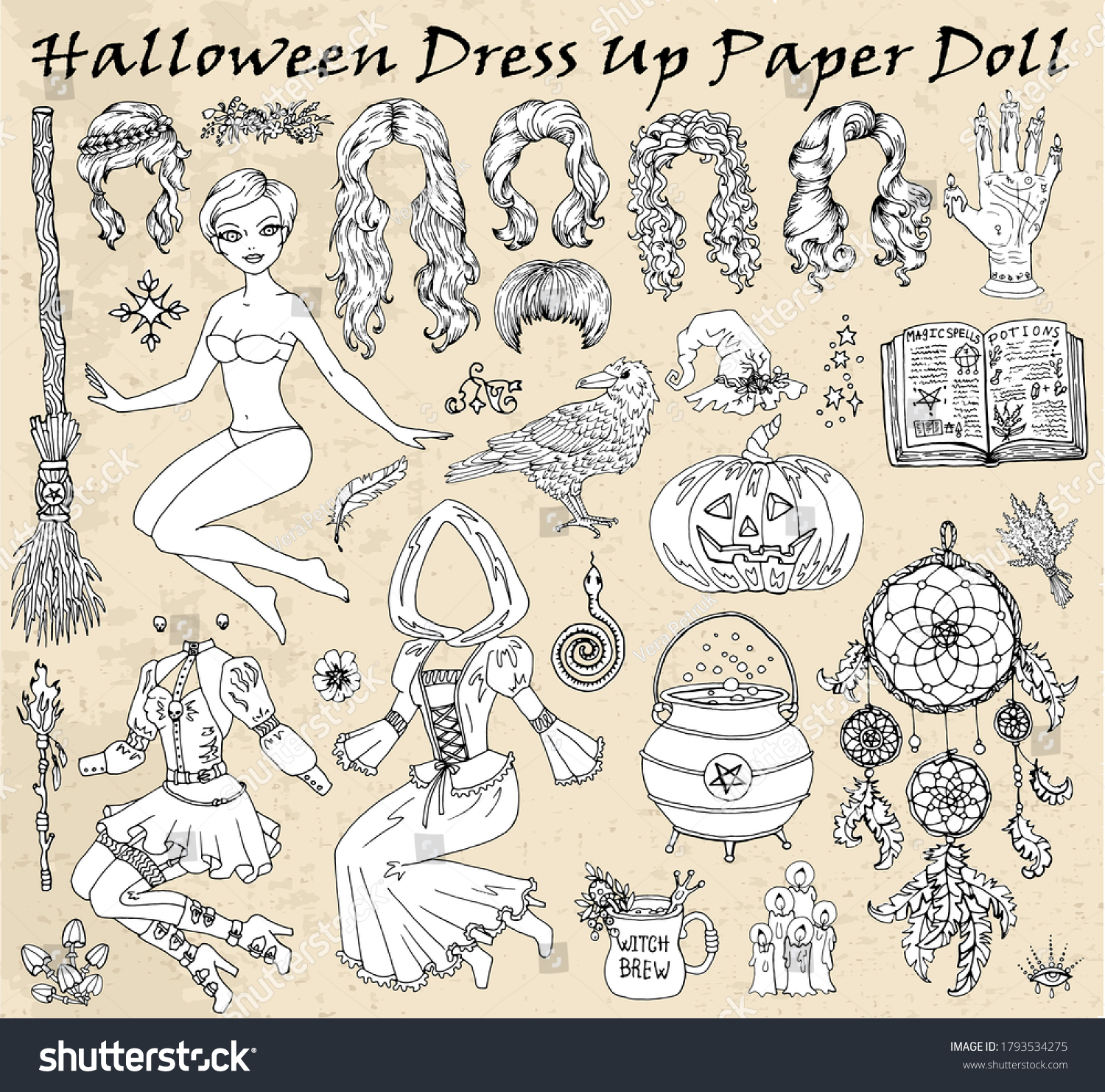 Set dress paper doll halloween witch stock vector royalty free