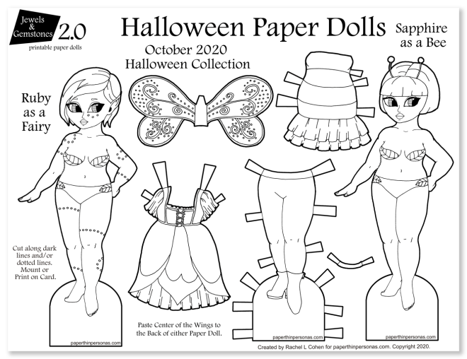 A pair of halloween paper dolls one bee one fairy