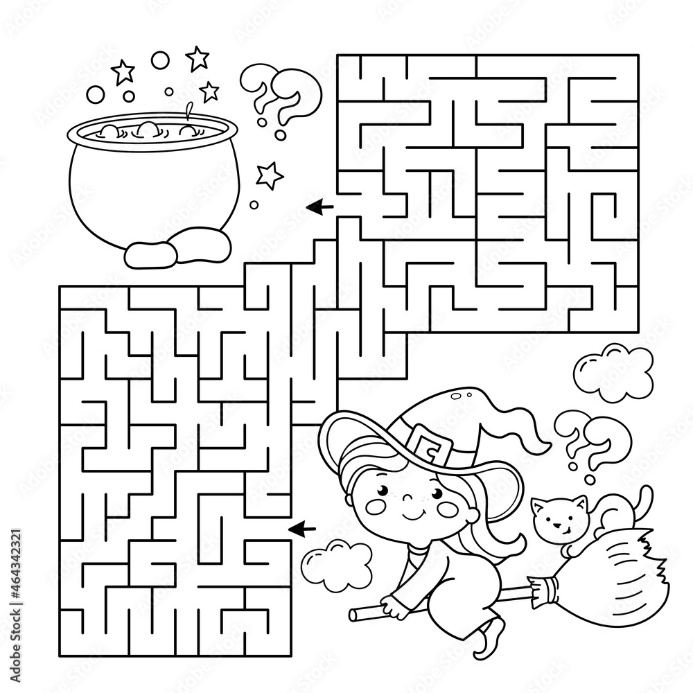 Maze or labyrinth game puzzle coloring page outline of cartoon little witch on broom with pot and with cat halloween coloring book for kids