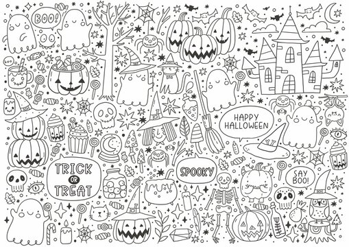 Trick or treat coloring page halloween coloring page for kids cartoon big coloring poster in doodle style cute witch ghost castle pumpkin bat zombie mummy cat vector