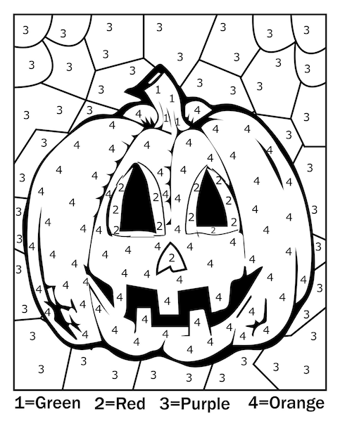 Premium vector halloween color by number coloring page for kids and adults