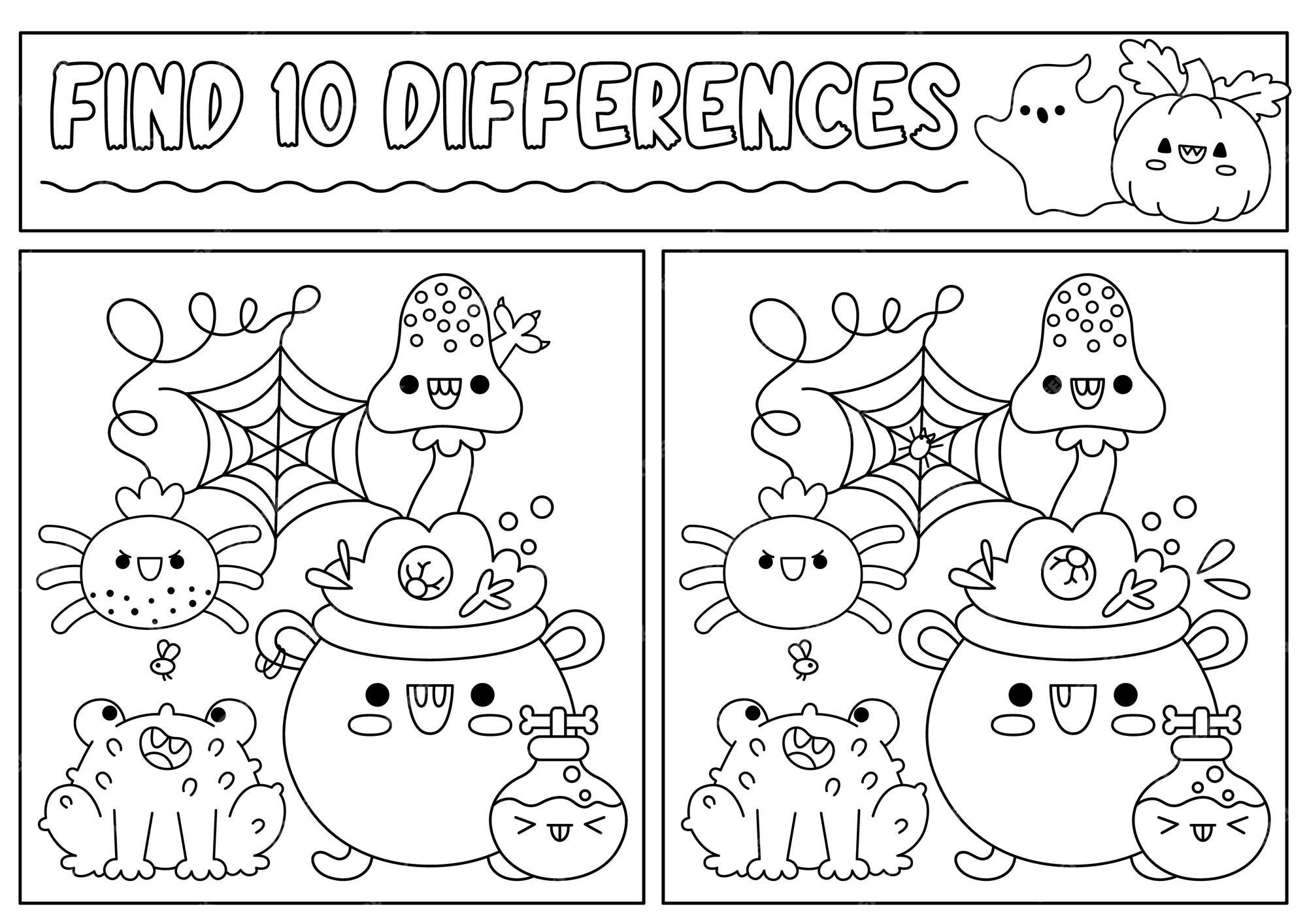 Premium vector halloween black and white find differences game for children attention skills line activity with cauldron frog potion puzzle for kids or coloring page printable what is different worksheet