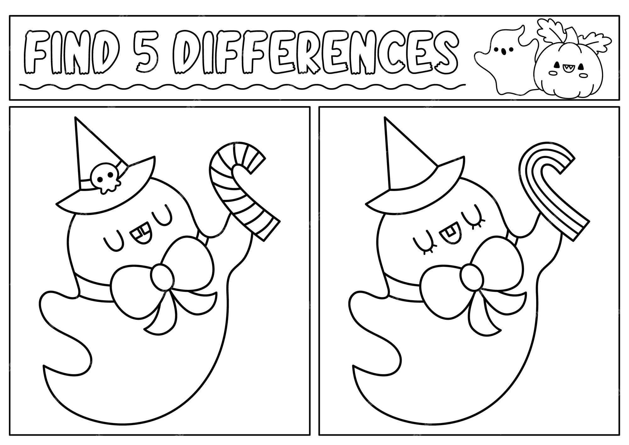 Premium vector halloween black and white find differences game for children attention skills line activity with cute ghost with stripy candy cane puzzle or coloring page printable what is different worksheet