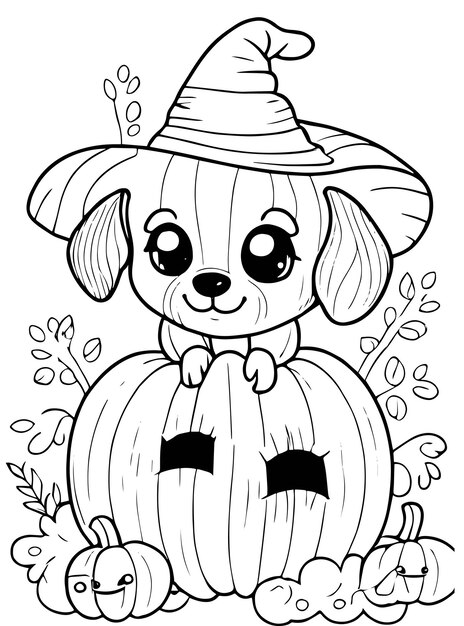 Premium vector halloween puppy delight witch hat and pumpkin coloring page vector