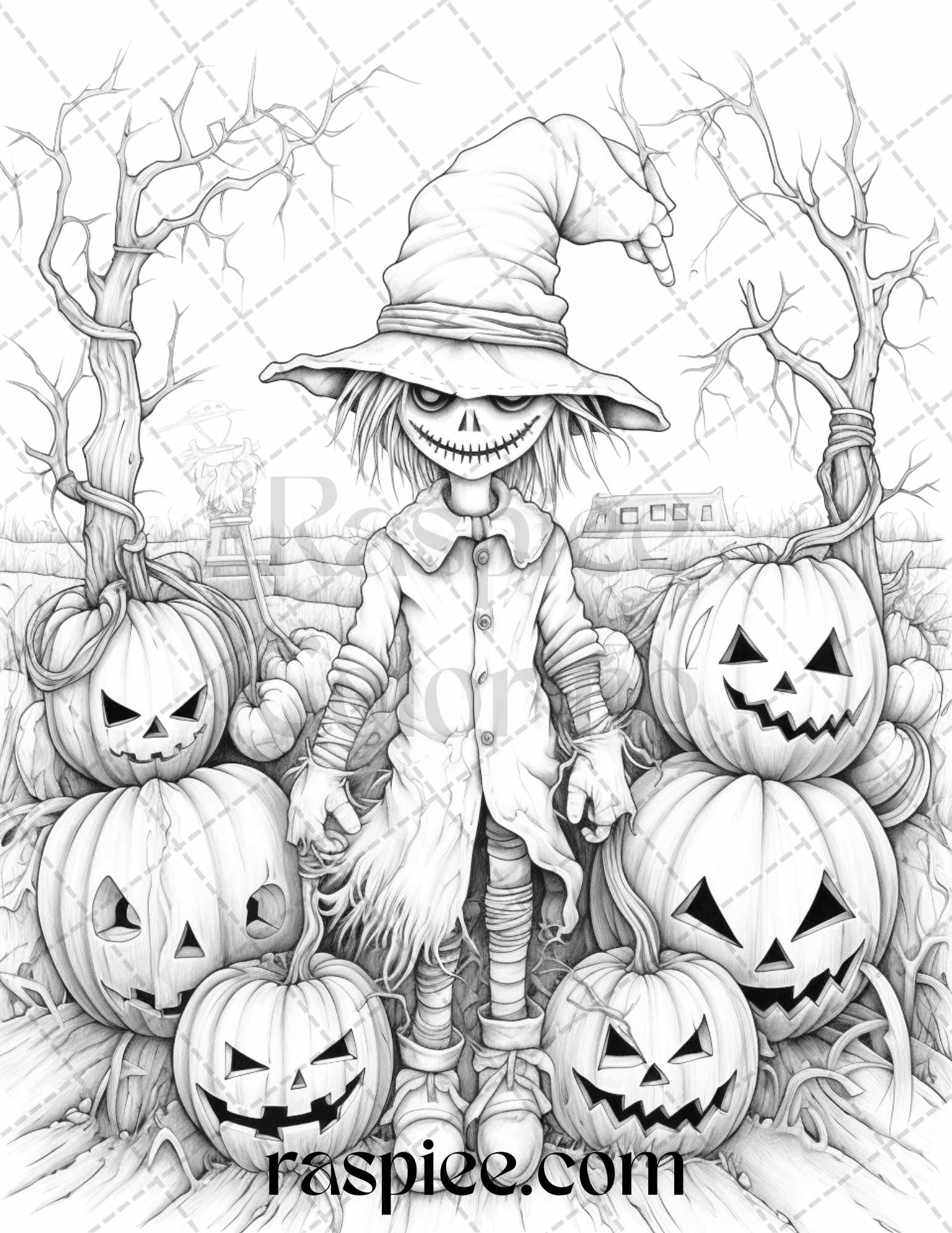 Halloween scarecrows grayscale coloring pages printable for adults â coloring