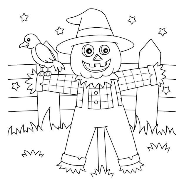 Premium vector scarecrow halloween coloring page for kids