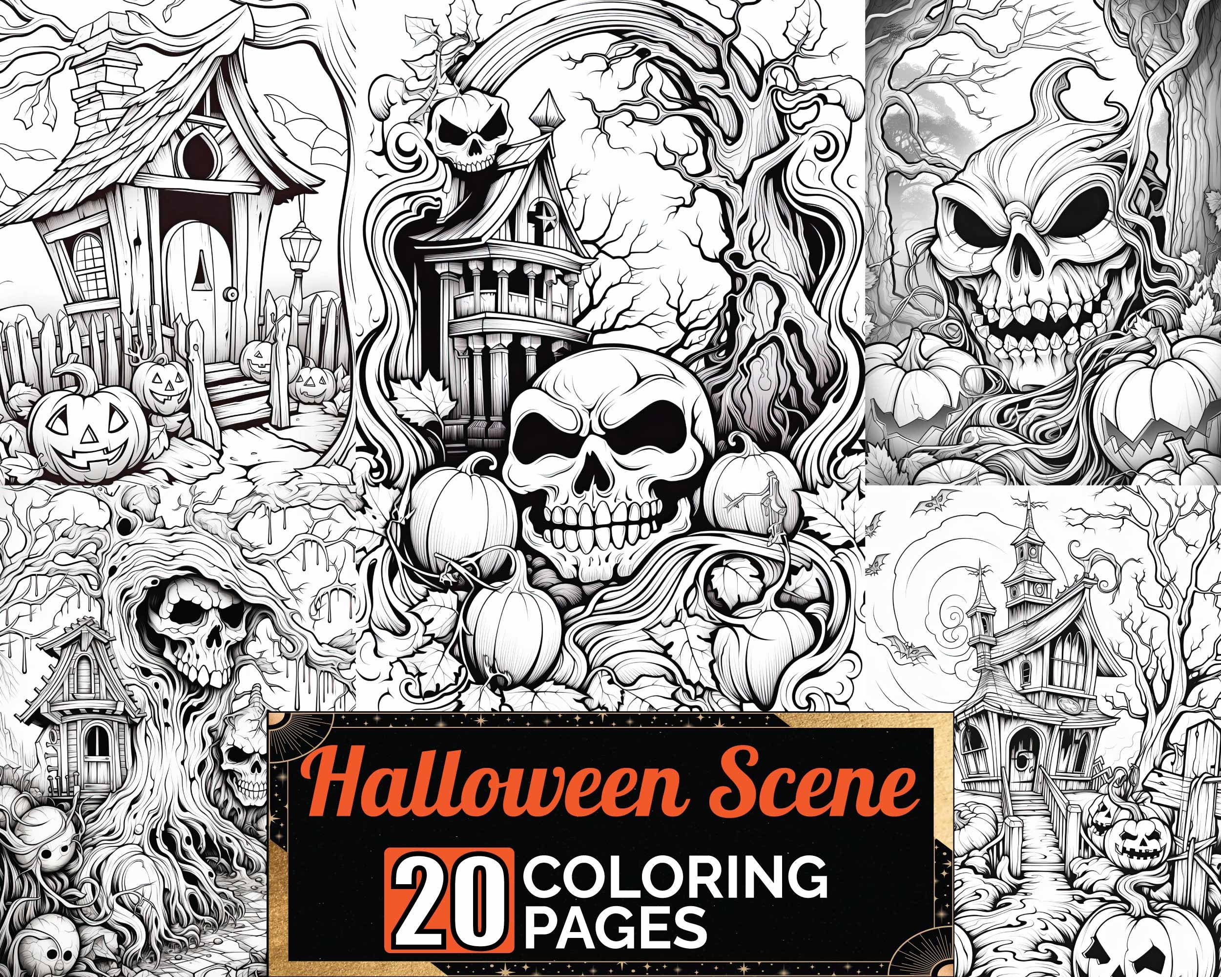 Halloween scary scene coloring pages premium adult coloring sheets coloring book a size printable digital pdf download holiday theme