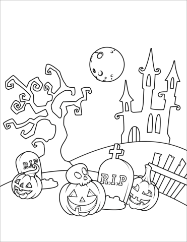 Halloween scene in the cemetery coloring page free printable coloring pages