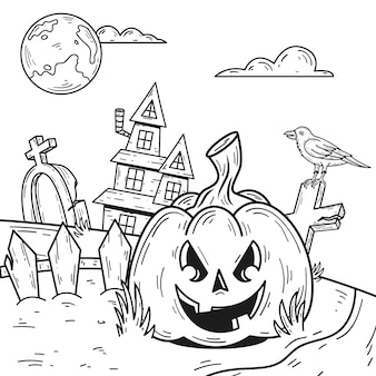 Halloween scene coloring page vectors illustrations for free download