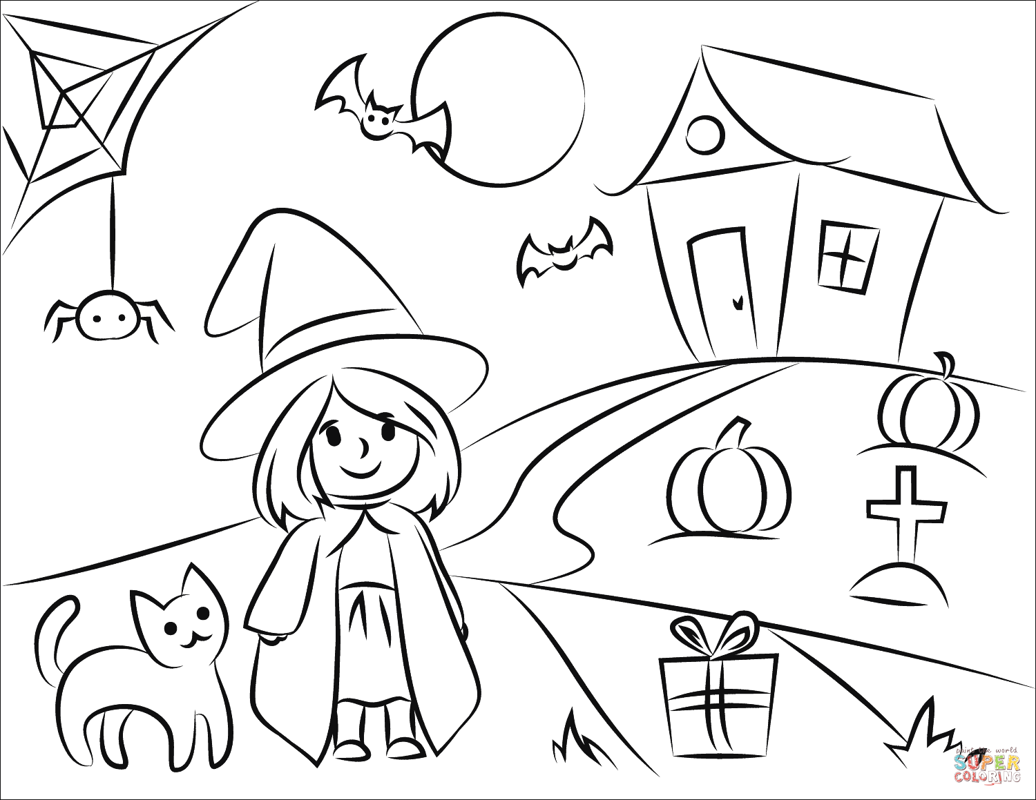 Halloween scene coloring page free printable coloring pages