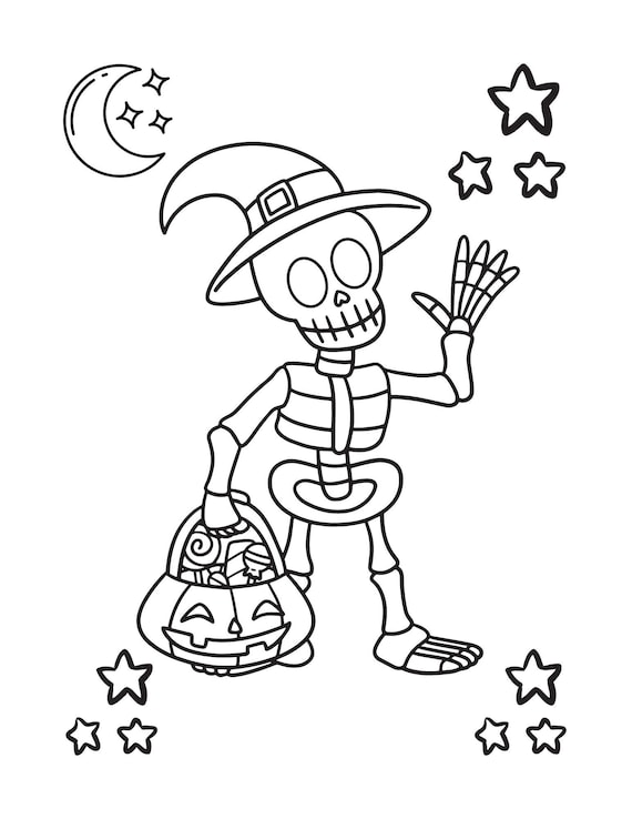 Cute skeleton halloween coloring page