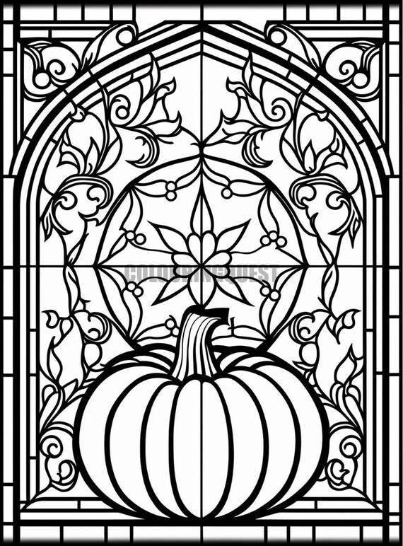 Pumpkin stained glass printable adult coloring page from