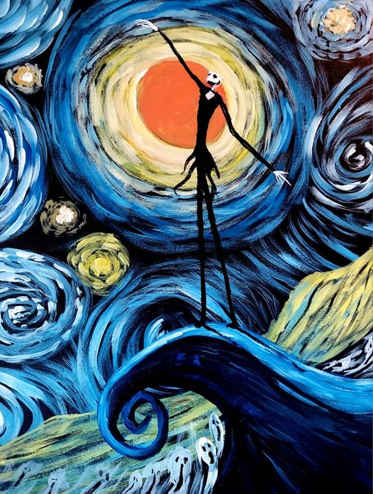 Starry halloween in person paint night event sunday pm in bellevue with master artist laura blauman