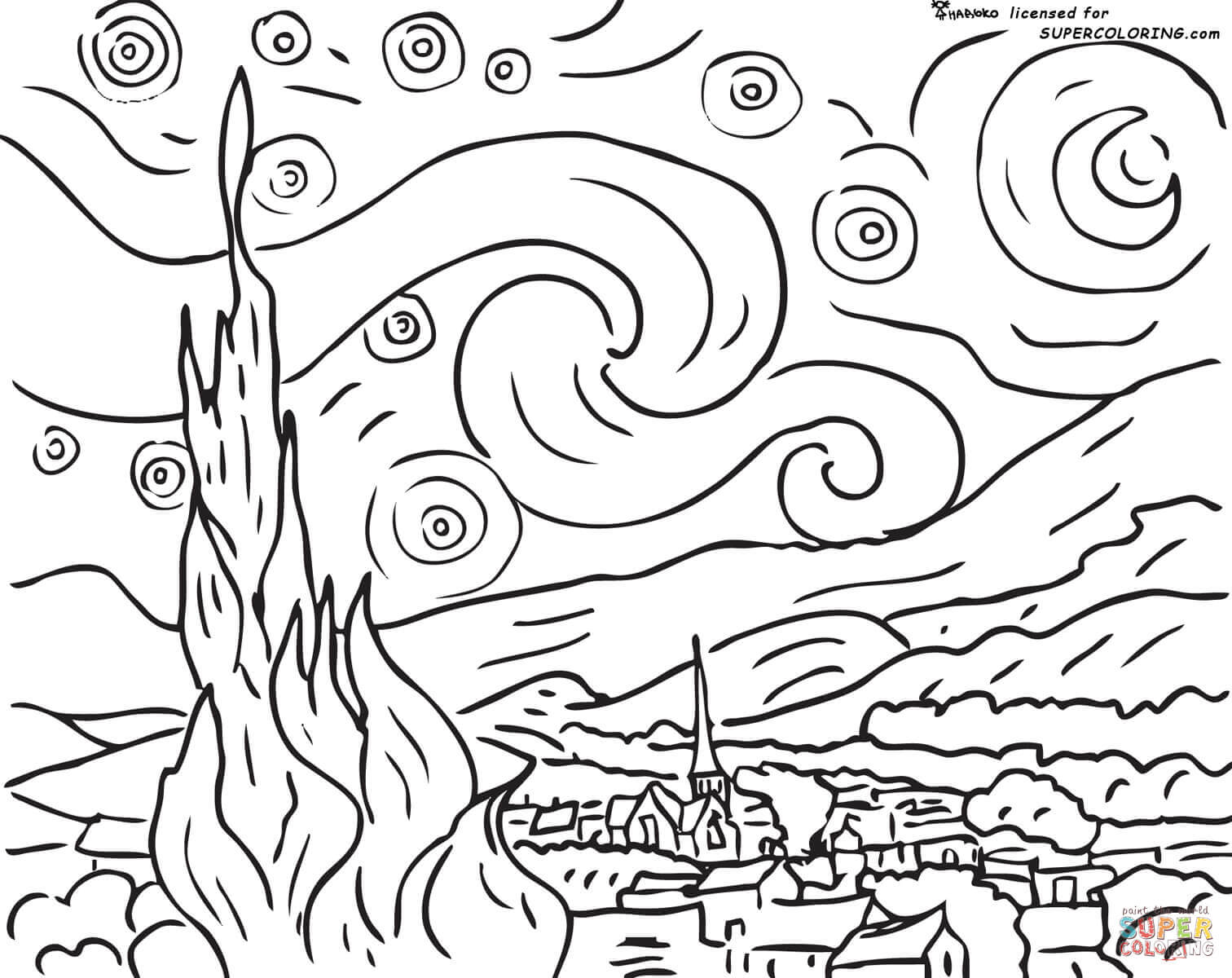 Starry night by vincent van gogh coloring page free printable coloring pages