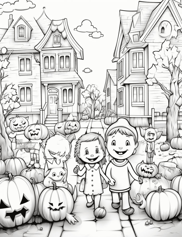 Cute halloween city coloring page free midjourney prompt